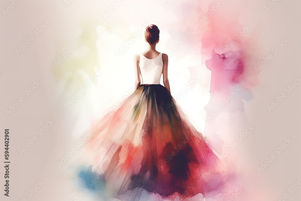 Watercolor digital art of back view of woman wearing colorful elegant evening dress over pink background with copy space. Generative AI