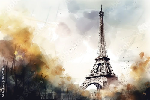 Watercolor postcard of Eiffel tower with copy space for text. Generative AI