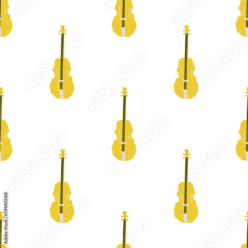 Seamless pattern with illustration of musical instrument violin in cutting style yellow color on white background