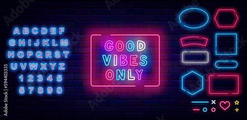 Good vibes only neon label. Colorful handwritten text on brick wall. Shiny blue alphabet. Vector stock illustration