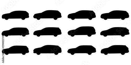 Set with 12 different silhouette types of station wagon cars in vector, side view. Doodle collection.