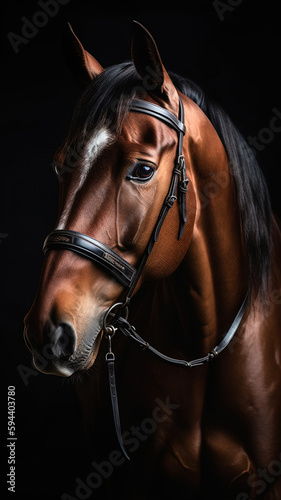 An elegant brown horse in the studio in front of black background © Falk