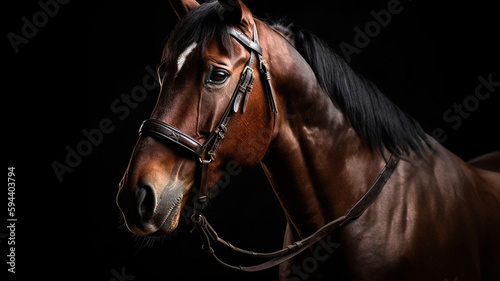 Elegant horse portrait on black background. Beautiful lonely horse