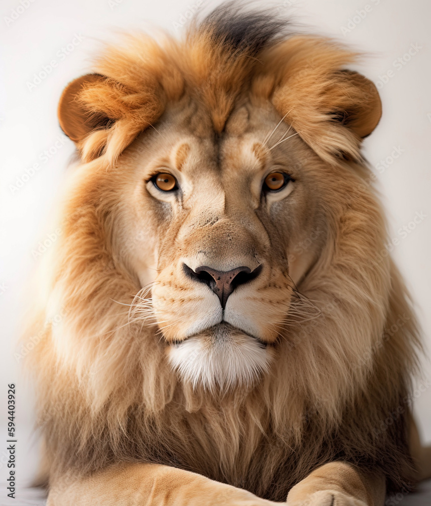 Close-up portrait of a Lion in bright studio. AI generated image