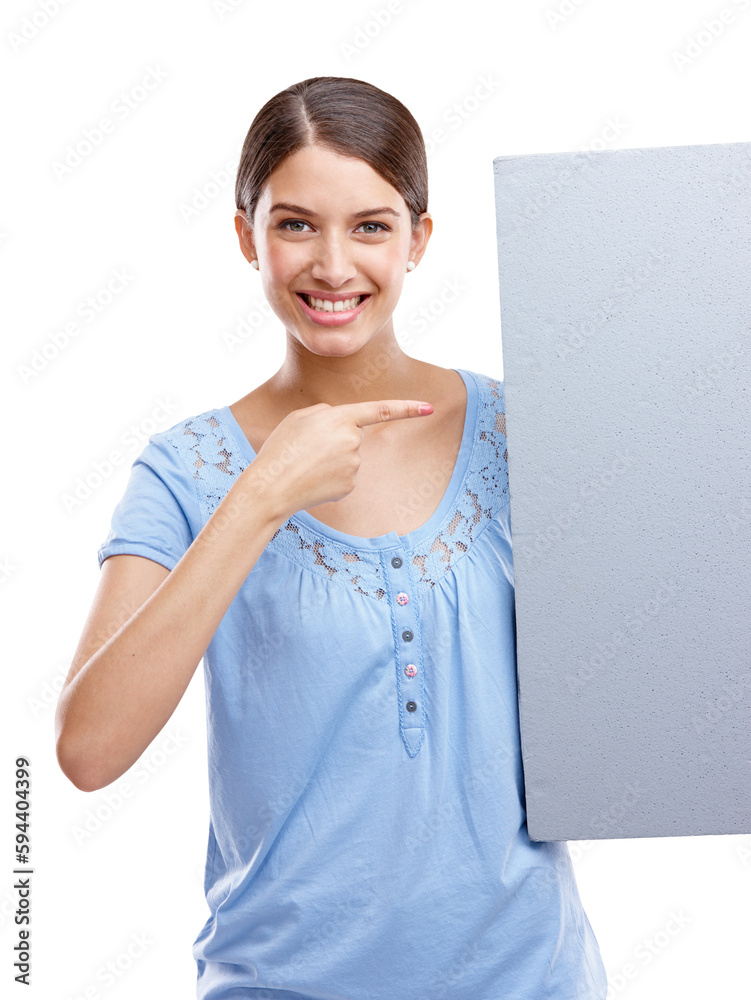 Woman, pointing and portrait with board for mockup isolated on a transparent png background. Poster, copy space and happy person with announcement for commercial promotion, advertising and marketing. Woman, pointing and portrait with board for mockup isolated on a transparent png background. Poster, copy space and happy person with announcement for commercial promotion, advertising and marketing.