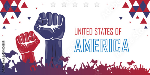 United states of america flag color, usa independence day banner abstract background, cheering people with flags, copy space for text, red and blue geometric design with stars