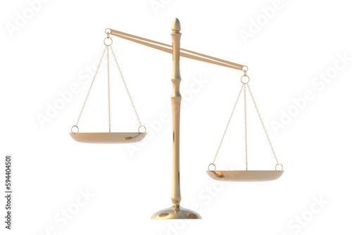 Golden justice scale isolated on white background. 3d render