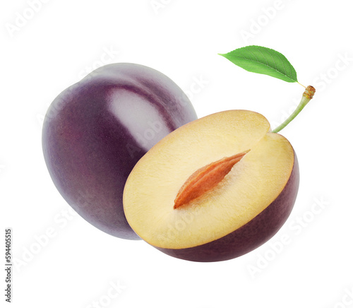 Isolated plums. One and a half blue plums isolated on white background