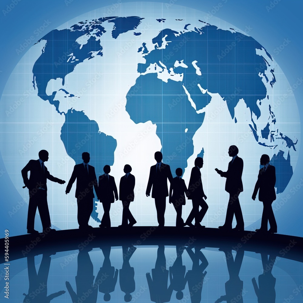 Business people walking on map of globe background, generative AI Business people walking on map of globe background, generative AI