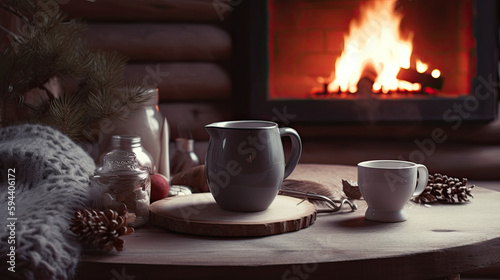 Cozy winter scene with fireplace and hot cocoa and winter related things