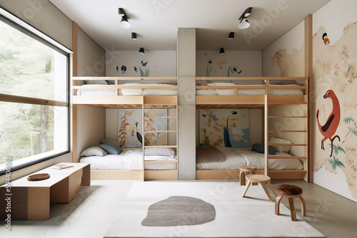 Kid bedroom in modern design home with double bunk beds. Generative AI. photo
