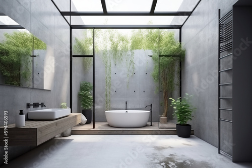 Luxury modern design bathroom with bathtub indoor outdoor. Generative AI. photo