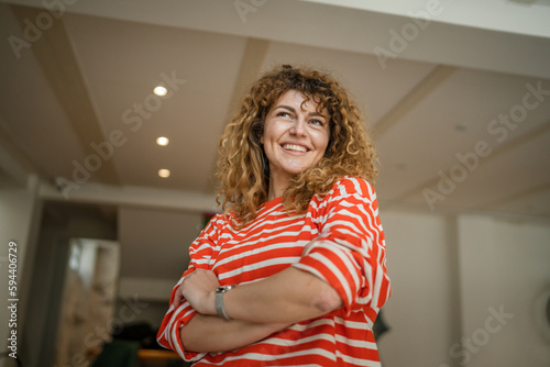 Portrait of one caucasian woman stand happy confident at cafe indoor
