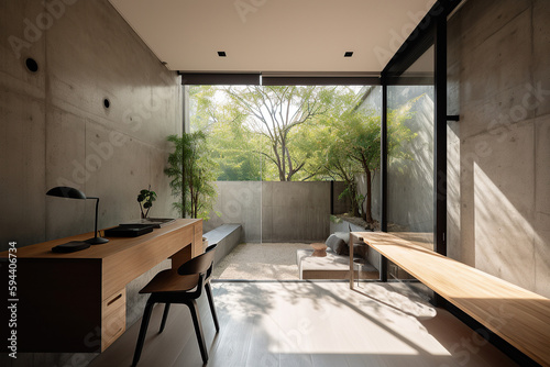 Modern design Japanese style home office with desk and patio. 