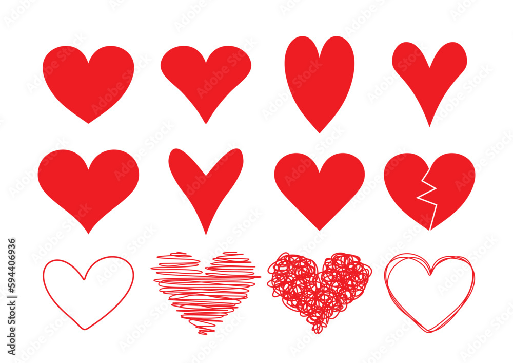 Vector hearts set. Hand drawn. Isolated on white background.