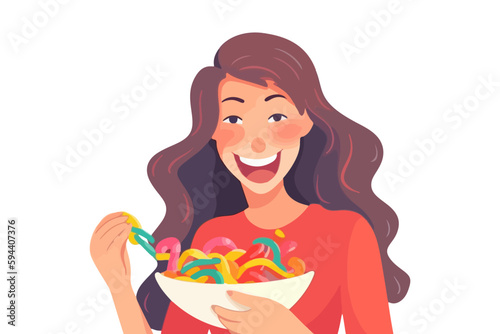 A vector illustration of a happy woman with a smile on her face, eating colorful gummy worms from a bowl, enjoying the sweet snacks