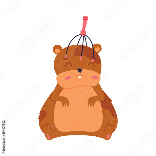 Cute hamster relaxing with head massager, funny brown rodent pet animal cartoon vector illustration