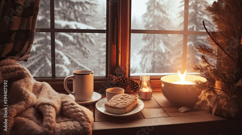 Cozy winter scene with fireplace and hot cocoa and winter related things © Marton
