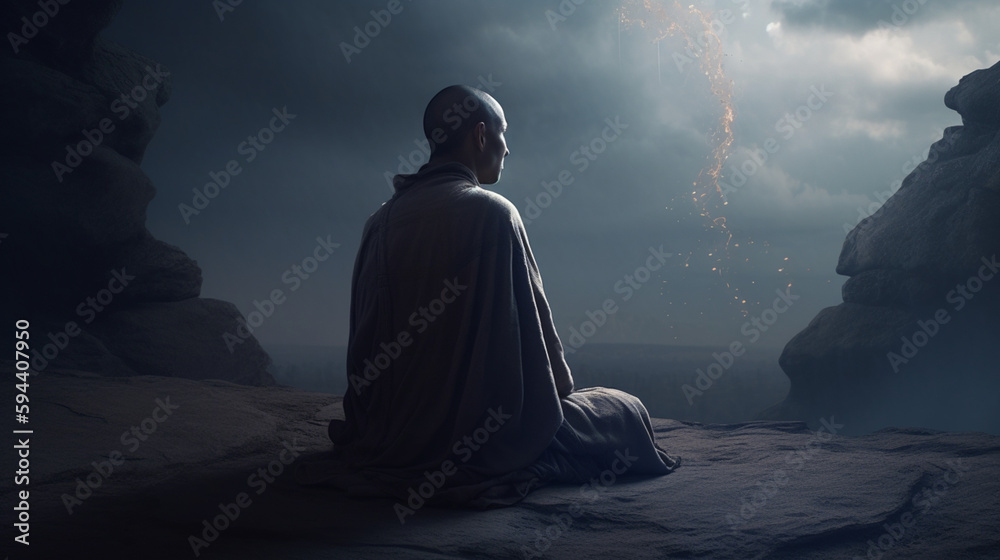 Sitting monk looking at the time - obrazy, fototapety, plakaty 