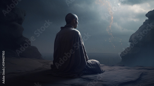 Sitting monk looking at the time