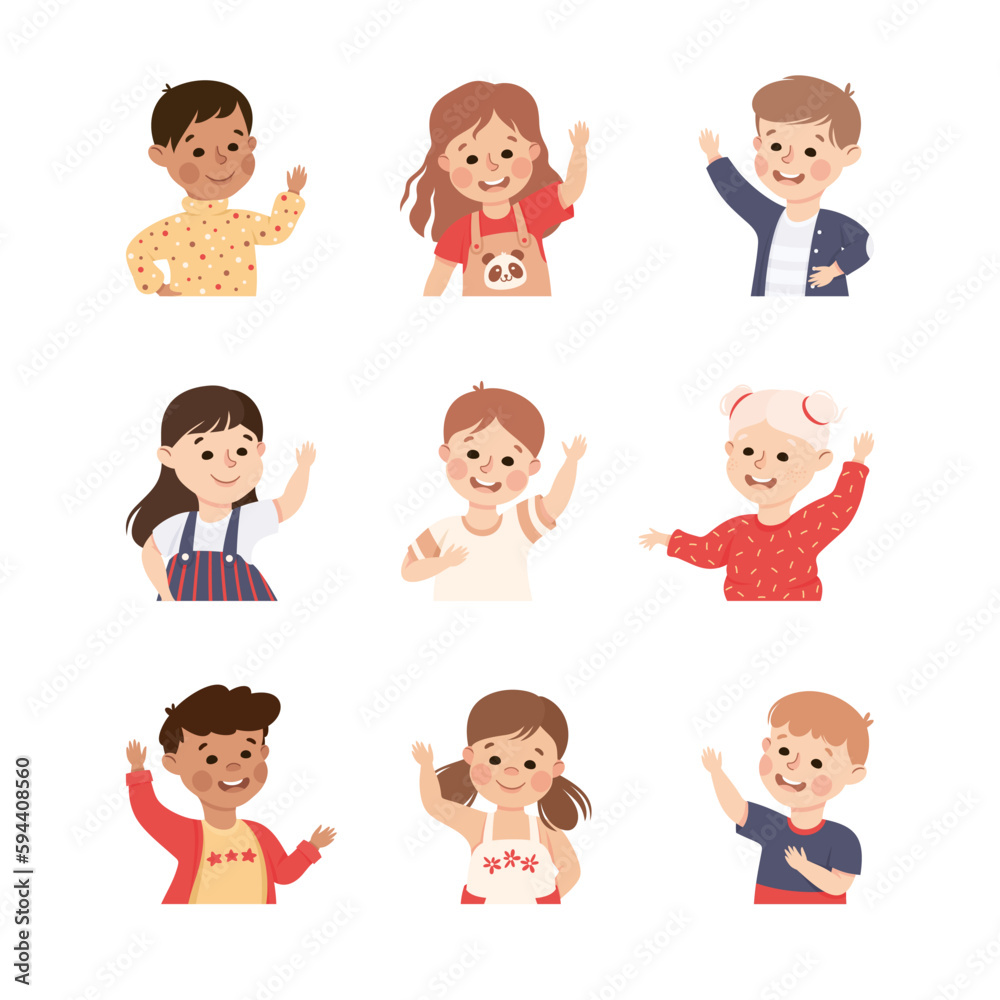 Happy Children with Raised Up Hands Smiling Vector Set Happy Children with Raised Up Hands Smiling Vector Set