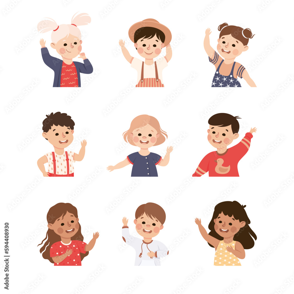 Happy Children with Raised Up Hands Smiling Vector Set Happy Children with Raised Up Hands Smiling Vector Set