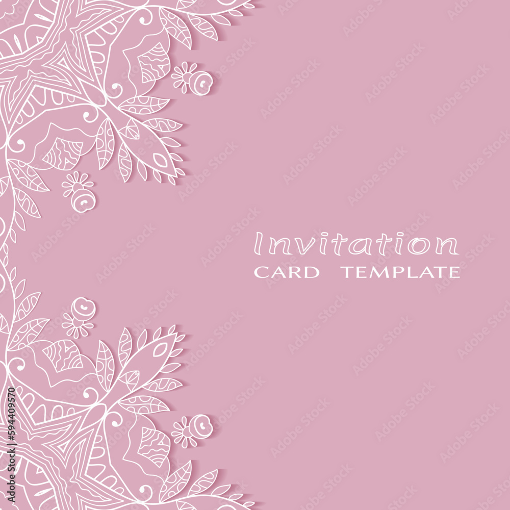 Lace Invitation Card template with mandala element. Doodle line pattern. Decorative openwork filigree art background for Wedding, Valentine's day greeting card, Birthday Invitation