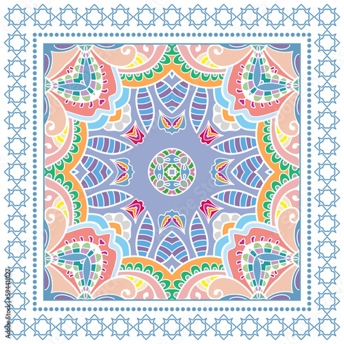 Black and white doodle ornament with geometric frame border, arabic line pattern. Decorative hand drawn background. Bandanna shawl, hijab, tablecloth fabric print, silk neck scarf, kerchief design