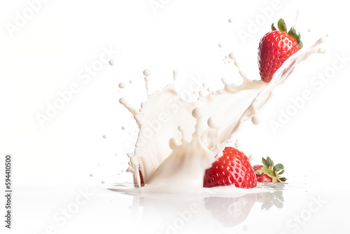 splash of milk with strawberries flying in the air, isolated on white, generative AI tools