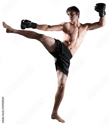 Male Boxer , Kickboxer Performing a Kick