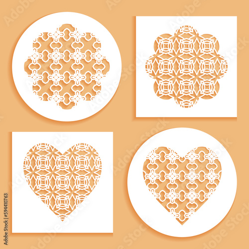 Templates for laser cutting, plotter cutting, printing. Heart and flower shape line pattern. Geometric design cut out of paper. Mandala die cut ornament. Fretwork panels, cutout silhouette stencils