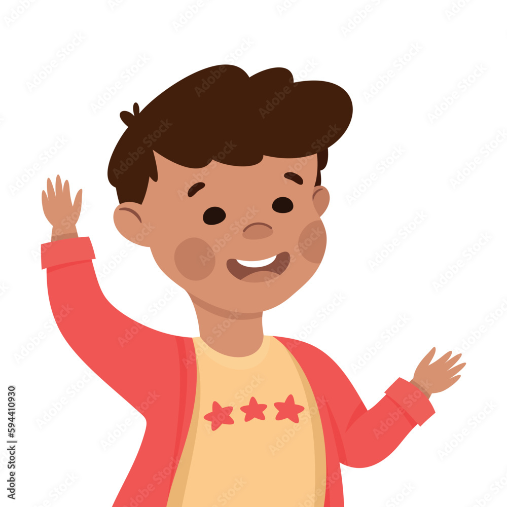 Happy Boy with Raised Up Hand Smiling Vector Illustration Happy Boy with Raised Up Hand Smiling Vector Illustration