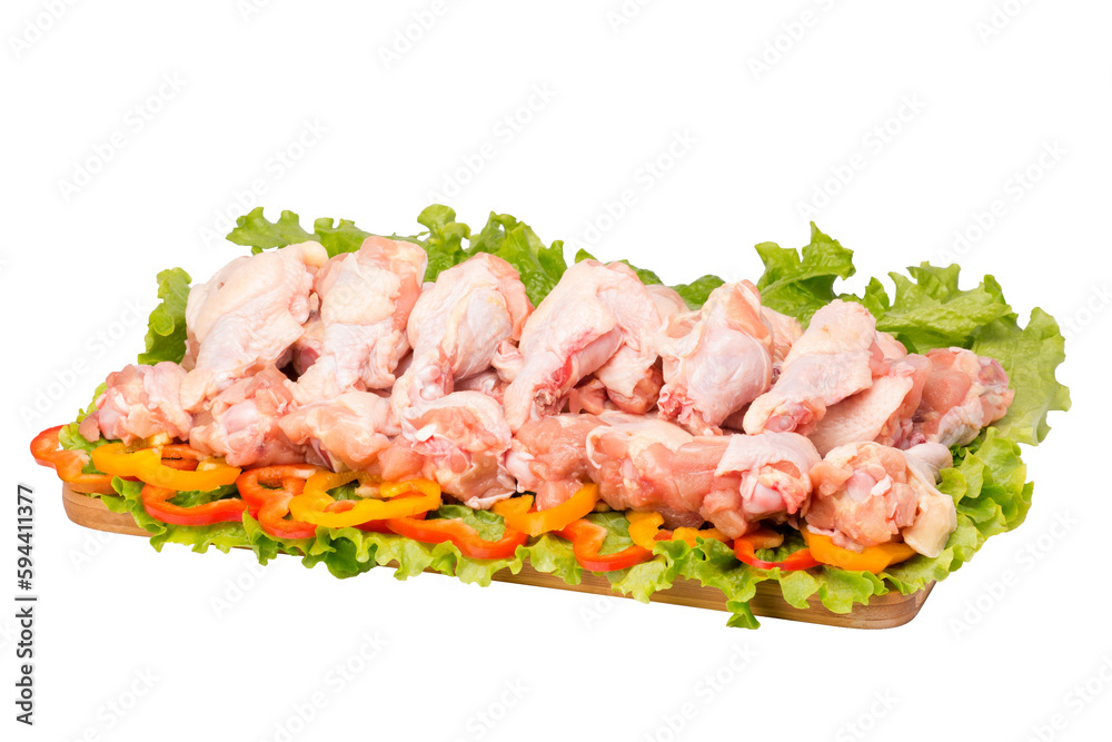 raw chicken meat on cutting board on white background