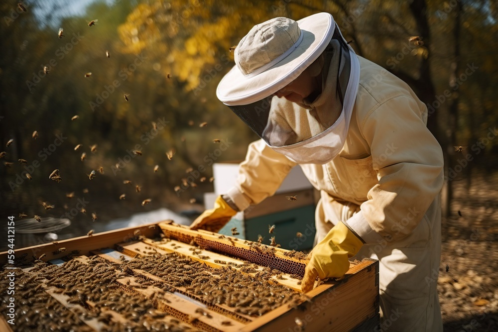 illustration, a beekeeper in a protective suit with a hat and veil,generative ai