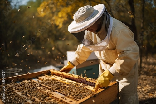 illustration, a beekeeper in a protective suit with a hat and veil,generative ai
