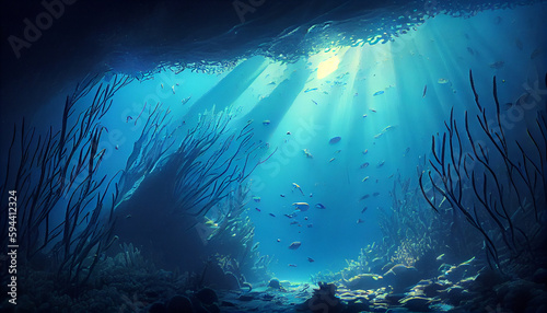 Underwater sea in blue sunlight Ai generated image