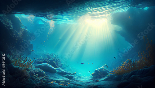 Underwater sea in blue sunlight Ai generated image