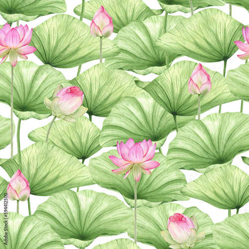 Pink lotus flowers and leaves. Watercolor seamless pattern on white background. Chinese water lily. For fabrics  packaging paper  scrapbooking  wallpaper and other items.
