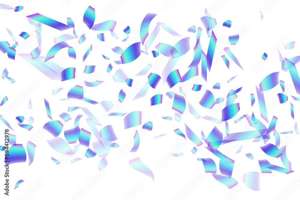 Cheerful falling confetti decoration vector background. Blue  hologram particles fiesta decor. Cracker poppers party confetti. Holiday celebration decor illustration. Top view sequins.
