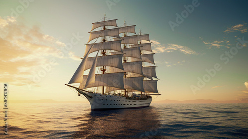 A beautiful old ship on a sea with beautiful sky, evening view, created using generative ai tools