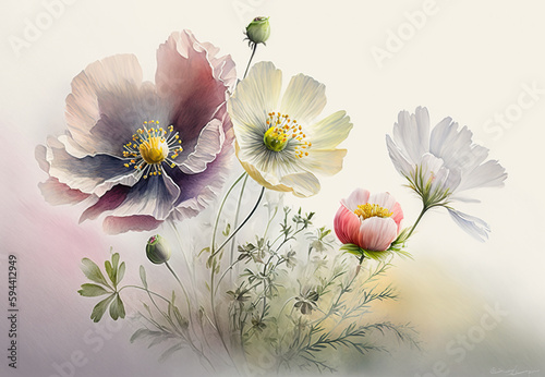 Delicate watercolor flowers are drawn in a light airy style. Generative AI © aninna