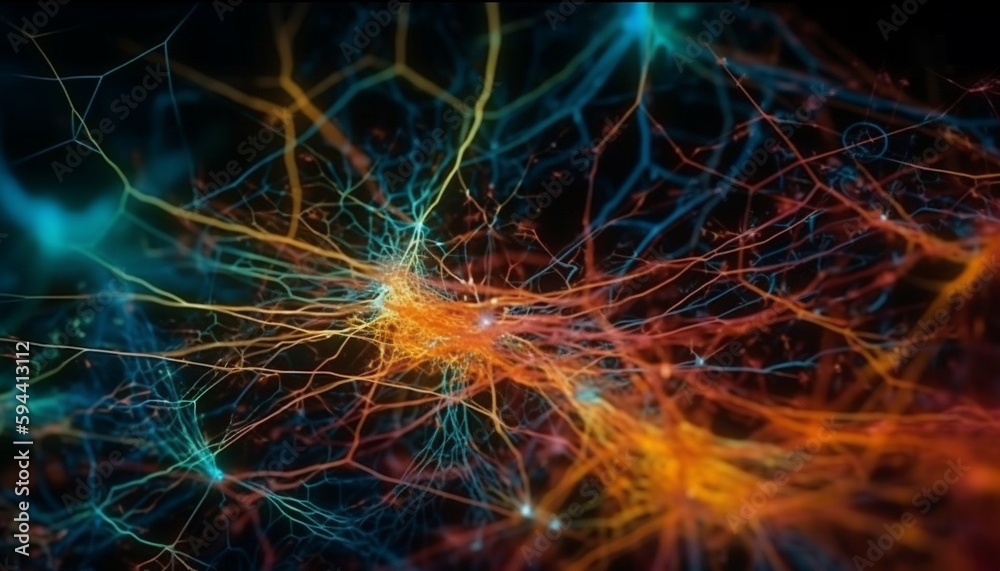 Neural axons glow with multi colored synapse communication generated by AI Neural axons glow with multi colored synapse communication generated by AI