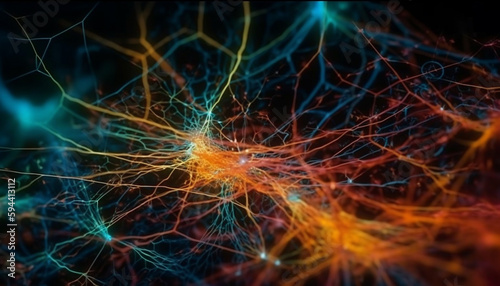 Neural axons glow with multi colored synapse communication generated by AI