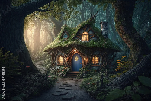 a small house in the middle of a forest,fantasy art, night forest  © vvalentine