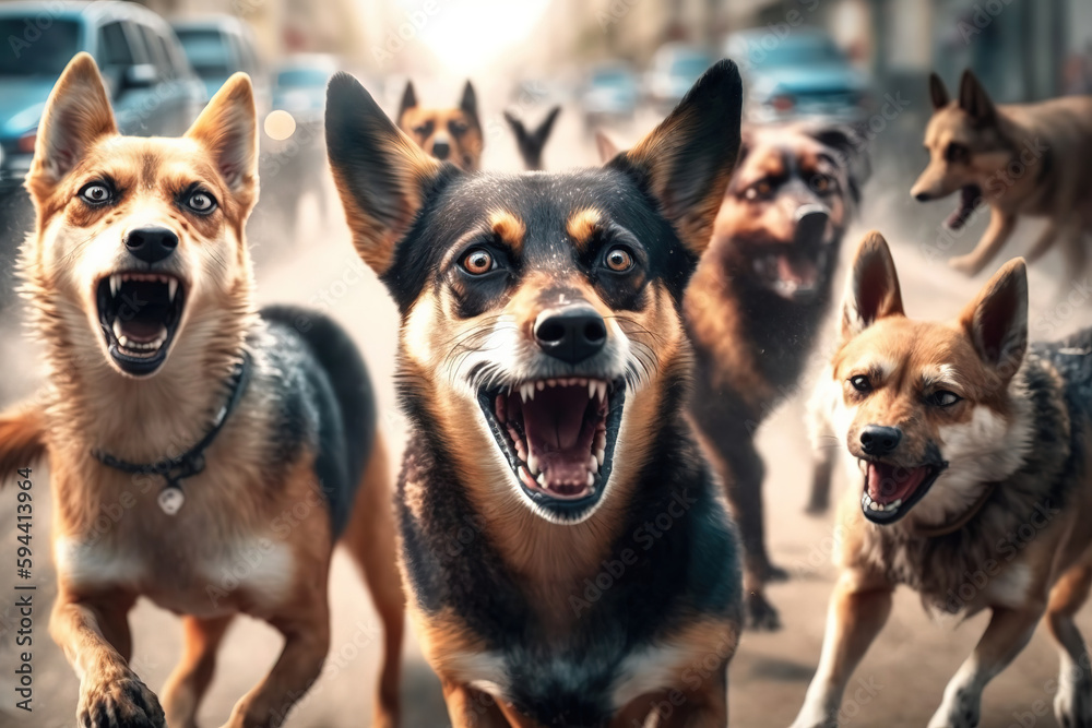 Scary pack of aggressive stray dogs attacks stranger and barks loudly and shouts. Dangerous accident on the street, generative ai 