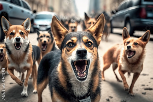 Scary pack of aggressive stray dogs attacks stranger and barks loudly and shouts. Dangerous accident on the street, generative ai 