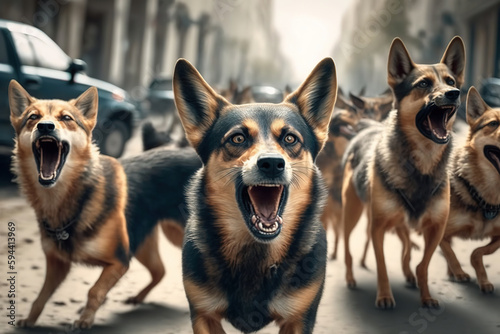 Scary pack of aggressive stray dogs attacks stranger and barks loudly and shouts. Dangerous accident on the street, generative ai  © vvalentine