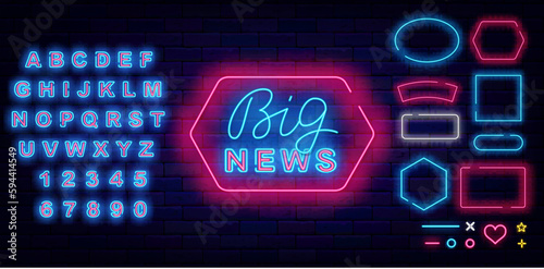Big news neon label on brick wall. Shiny blue alphabet. Various shapes frames collection. Vector stock illustration