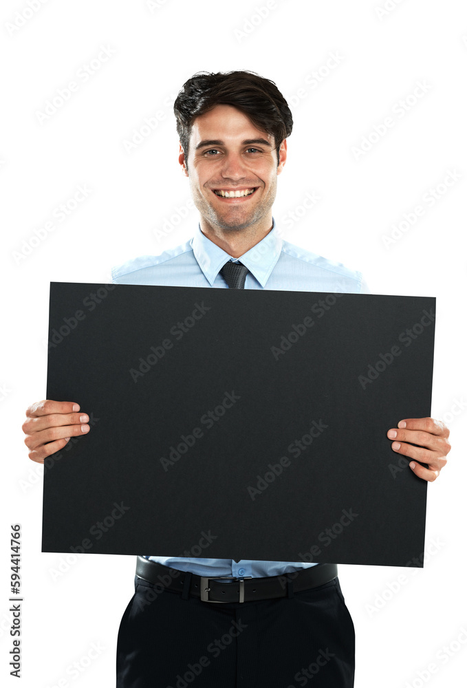 Mockup, portrait and business man with black board, poster and space on isolated, transparent and png background. Face, smile and billboard, banner and paper sign by happy corporate male with placard