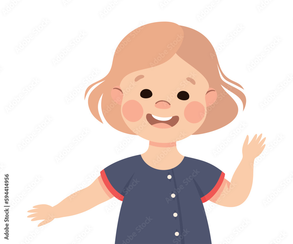 Happy Little Girl with Raised Up Hand Smiling Vector Illustration